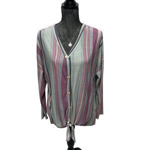 143 Story Line Up Top Womens Size Medium Blue Gray Pastel Strip Comfy Shirt NEW